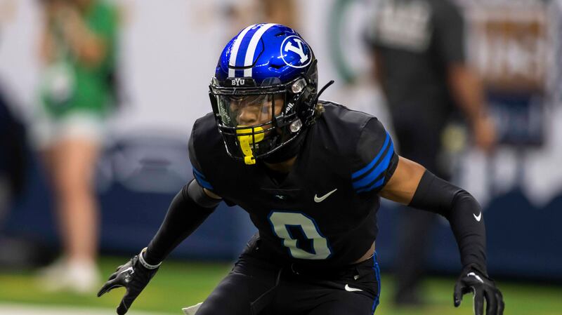 BYU defensive back Jakob Robinson runs downfield during Saturday, Oct. 8, 2022 in Las Vegas.
