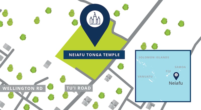 A map shows the location of the Neiafu Tonga Temple.