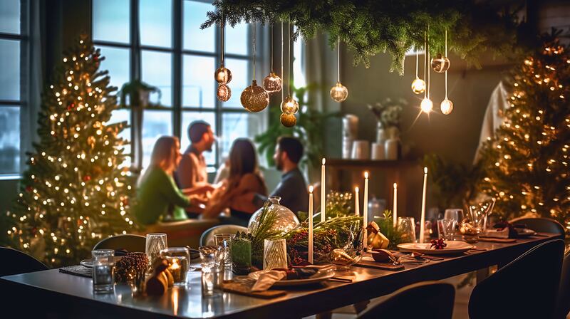 A table is set for a holiday meal.
