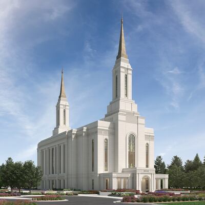 An exterior rendering of the Lindon Utah Temple. A date for the groundbreaking ceremony for the new temple has been scheduled in April.