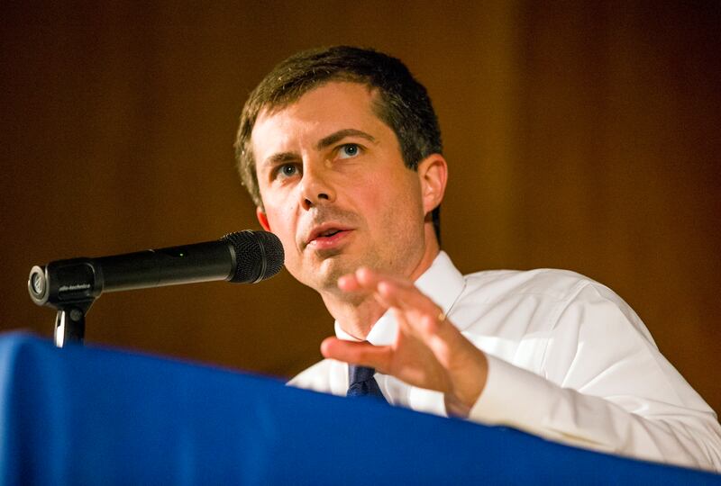 Democratic presidential candidate and South Bend Mayor Pete Buttigieg answers questions during a town hall community meeting, Sunday, June 23, 2019, at Washington High School in South Bend, Ind. (Robert Franklin/South Bend Tribune via AP)