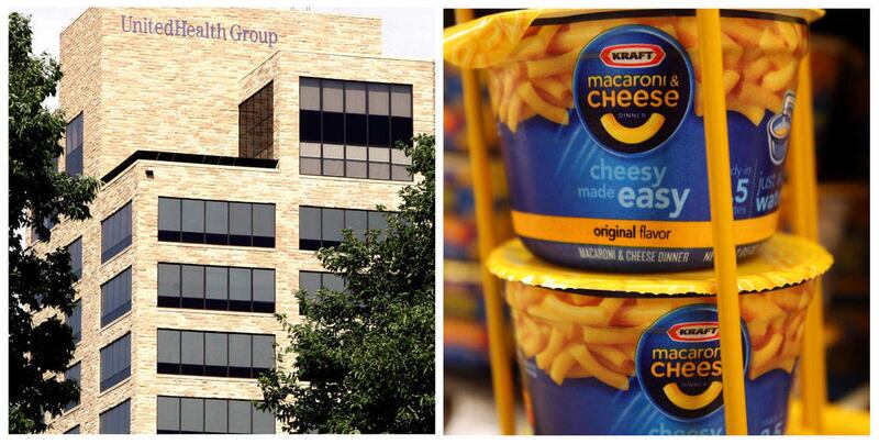 This combination of Associated Press file photos, show the UnitedHealth Group Inc.'s headquarters in Minnetonka, Minn. on July 16, 2007, left, and Kraft Macaroni & Cheese at a Ralphs Fresh Fare supermarket in Los Angeles on Feb. 9, 2011. The Dow Jones ind