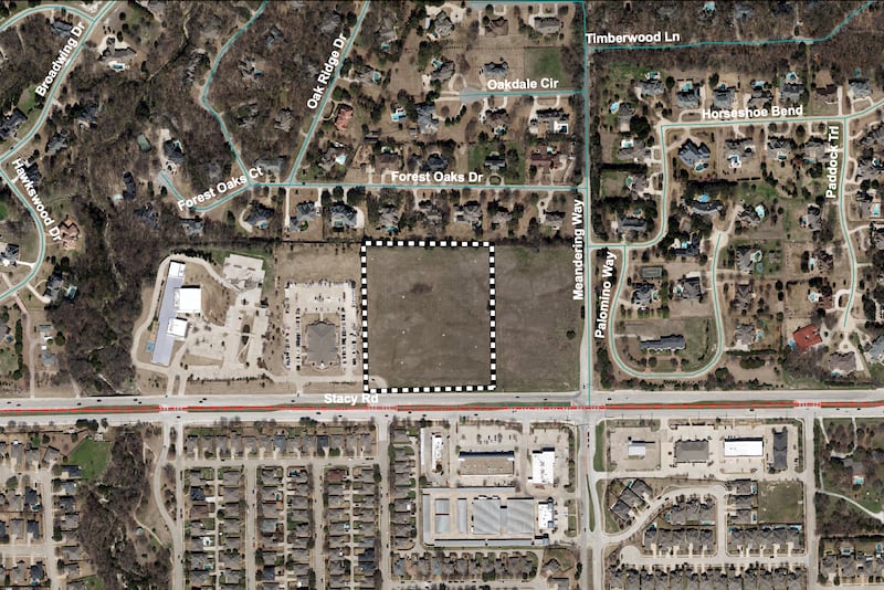 An aerial view of Church Row in Fairview, Texas. The dotted area is the proposed location of the McKinney Texas Temple.