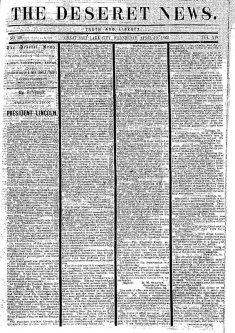 Deseret News’ historic coverage of the assassination of Abraham Lincoln.