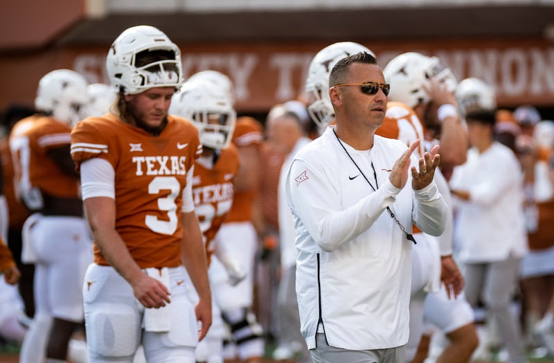 Texas head coach Steve Sarkisian encourages his team before an NCAA college football game against Alabama, Saturday, Sept. 10, 2022, in Austin, Texas.