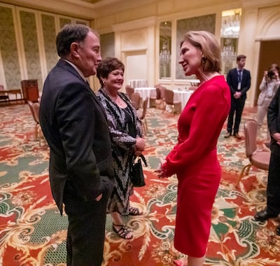 Utah Gov. Garry R. Herbert and first lady Jeanette Herbert talk with Carly Fiorina, former political figure and CEO of Hewlett-Packard, following her keynote address at the 13th annual Utah Economic Summit at the Grand America Hotel in Salt Lake City on F
