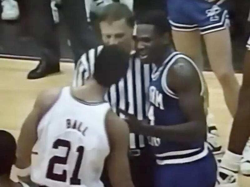 Former BYU player Jeff Chatman has an altercation with former Washington State player LaVar Ball in a game in 1987.