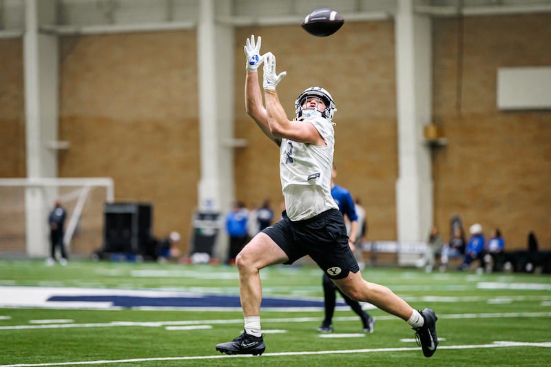 BYU tight end Walker Lyons makes a catch during spring drills at BYU's indoor practice facility on March 2, 2026.