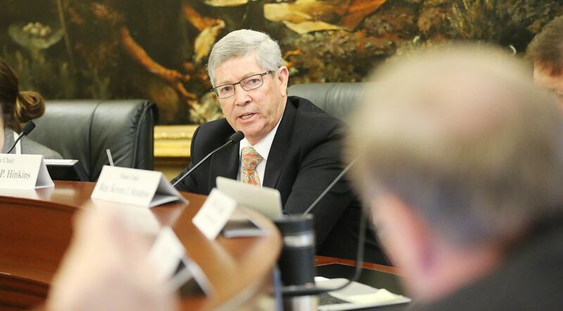 FILE - Sen. David Hinkins, R-Orangeville, speaks as legislators meet during the commission for the stewardship of public lands at the Capitol in Salt Lake City Wednesday, April 20, 2016.