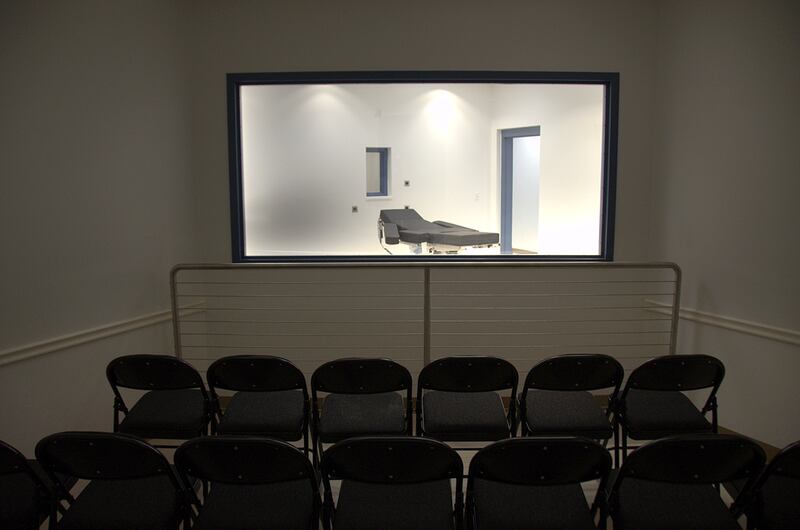 This 2016 photo released by the Nevada Department of Corrections shows the viewing room looking toward the execution chamber at Ely State Prison in Ely, Nev.
