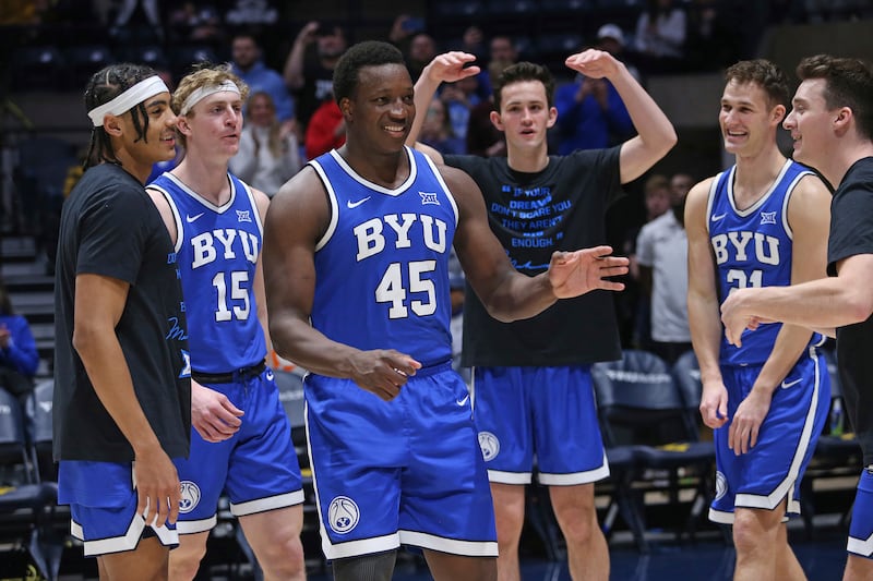 BYU forward Fousseyni Traore (45) is introduced as a starter against West Virginia on Saturday, Feb. 3, 2024.