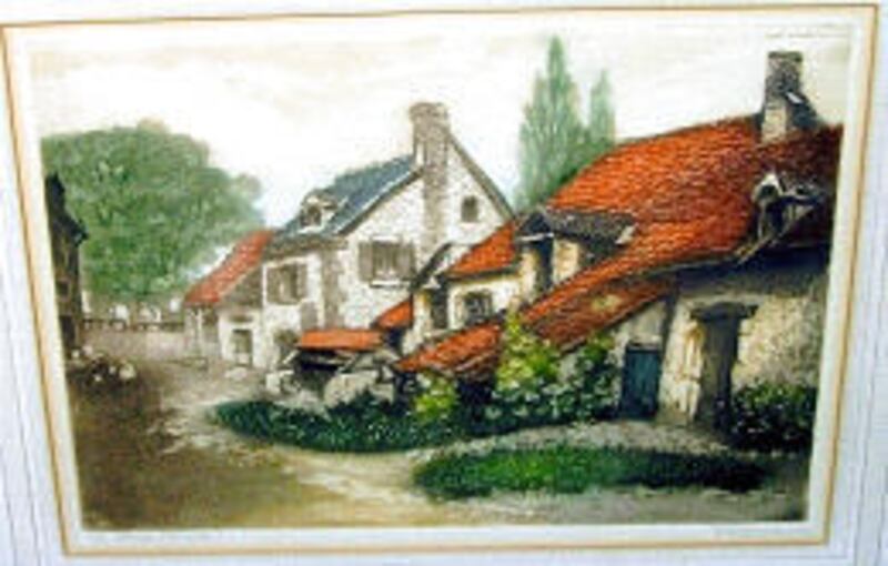 This French etching circa 1935 is titled "The Water Well," although the well is hard to see.