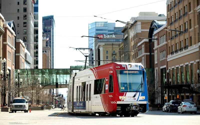 A TRAX train moves through Salt Lake City on Wednesday, Feb. 19, 2020.