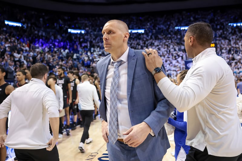 BYU head coach Mark Pope exits the court after the Cougars lost to No. 8 Gonzaga , 75-74, at the Marriott Center in Provo on Thursday, Jan. 12, 2023.