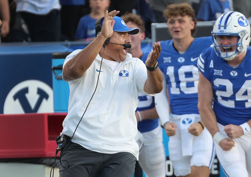 BYU head coach Kalani Sitake reacts to a BYU interception against the Texas Tech Red Raiders in Provo, Oct. 21, 2023.