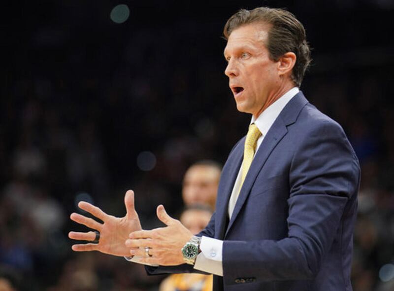 Utah Jazz head coach Quin Snyder calls time out during the first half of an NBA basketball game against the San Antonio Spurs, Saturday, Feb. 3, 2018, in San Antonio.