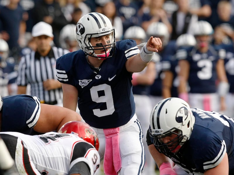 BYU’s Jake Heaps directs his receivers against San Diego State University at LaVell Edwards Stadium on Saturday, Oct. 9, 2010.