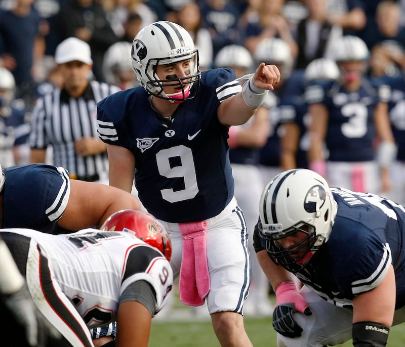 BYU’s Jake Heaps directs his receivers against San Diego State University at LaVell Edwards Stadium on Saturday, Oct. 9, 2010.