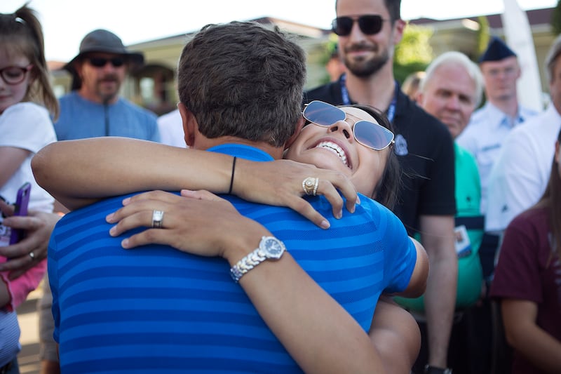 Cameron Champ hugs his girlfriend Kennedy Barron after winning the 2018 Utah Championship at Oak Ridge Country Club in Farmington on Sunday, July 15, 2018.