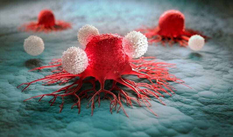 An artistic rendition of white cells attacking red cancer cells.
