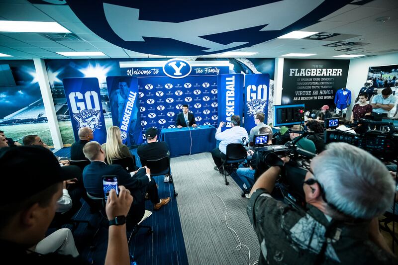 BYU basketball player Yoeli Childs speaks to the media during a press conference Thursday, May 30, 2019, about returning to BYU after withdrawing from the NBA draft.
