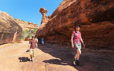 Interior Secretary Sally Jewell visits ancient cliff dwellings in McLloyd Canyon near Blanding in southern Utah on Friday, July 15, 2016.