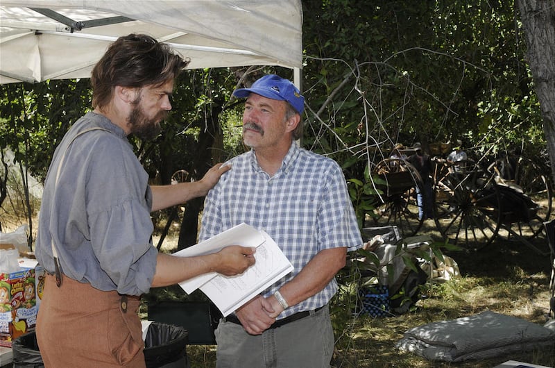 Danish actor Thomas Kofod, left, rehearses a scene with filmmaker T.C. Christensen on location for "17 Miracles," a feature film about the Willie Handcart Company.