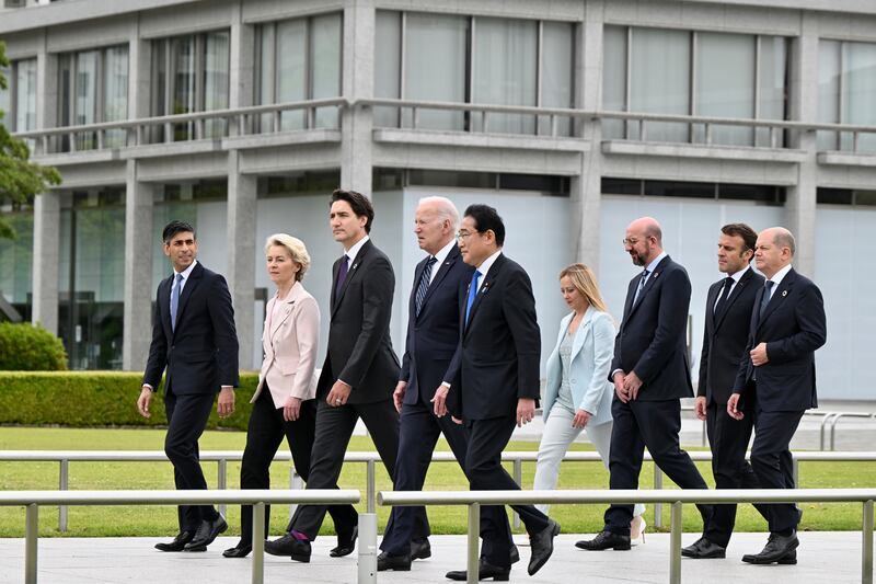 G7 leaders prepare to participate in a wreath laying ceremony at the Peace Memorial Park as part of the G7 Hiroshima Summit in Japan on May 19, 2023.