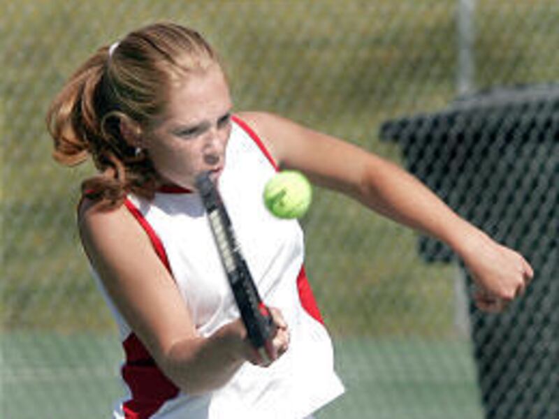 Springville's Anna Sumtion returns a shot in her doubles play-in match Tuesday at Timpview.