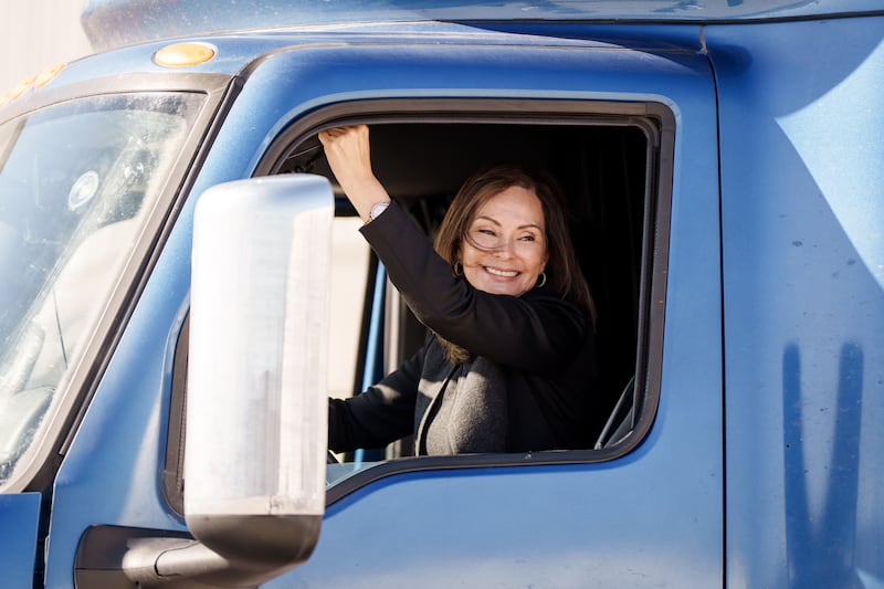 Rosie Rios, Chair of America250, honks the horn of a semitruck at the Bishops’ Central Storehouse in Salt Lake City, Utah on Thursday, Nov. 13, 2025.