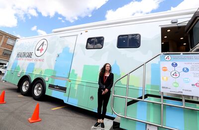 Michele Goldberg, medical director of the Fourth Street Clinic, is pictured in Salt Lake City on Thursday, May 9, 2019, with new mobile clinic that will serve the homeless Utahns. The mobile clinic, with three exam rooms staffed by medical providers, is e