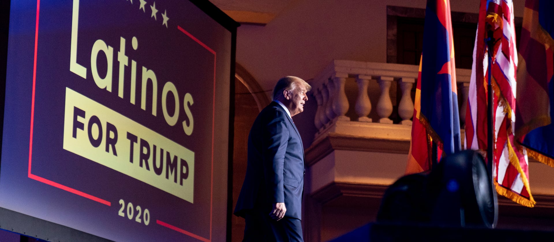 In this Sept. 14, 2020, file photo, President Donald Trump arrives for a Latinos for Trump Coalition roundtable in Phoenix.
