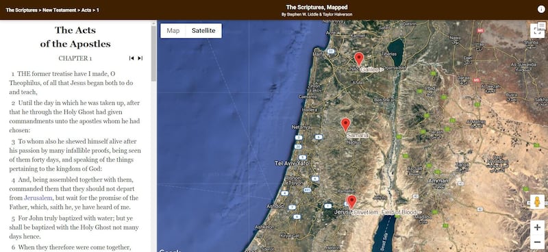 This screenshot shows the locations of events in Acts 1 on scriptures.byu.edu/mapscrip/.