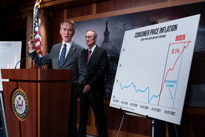 Sen. James Lankford, R-Okla., joined by Sen. Mike Crapo, R-Idaho, criticizes Biden administration policies as responsible for the inflation, during a news conference.