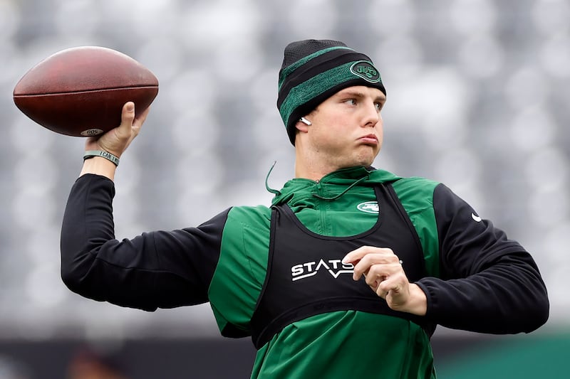 New York Jets quarterback Zach Wilson warms up before a game against Chicago on Sunday, Nov. 27, 2022, in East Rutherford, N.J.