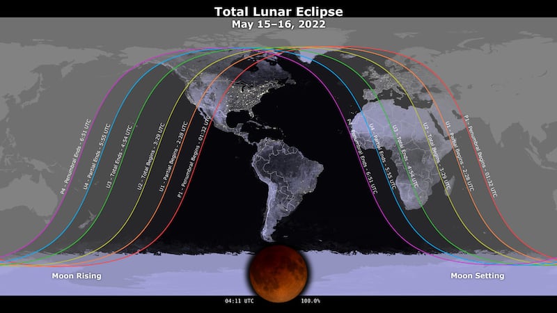 A map showing where the May 15-16, 2022 lunar eclipse is visible.