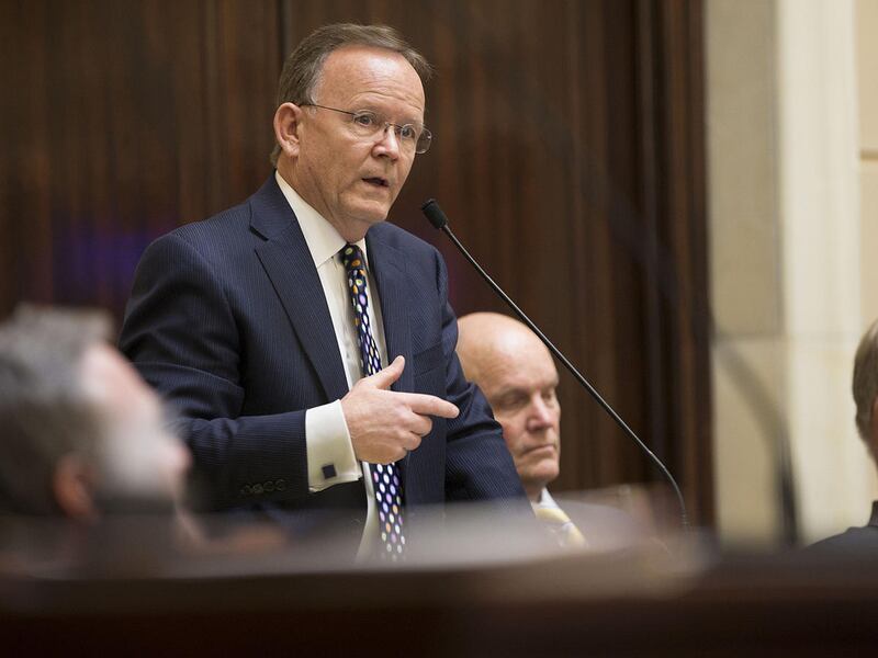 FILE - Sen. Stuart Adams, R-Layton, speaks Friday, March 6, 2015, in the Utah State Senate. Adams is the sponsor of SB246 that proposes to invest $53 million in mineral lease revenue to buy Utah access in a planned export terminal or thru-port in Oakland,