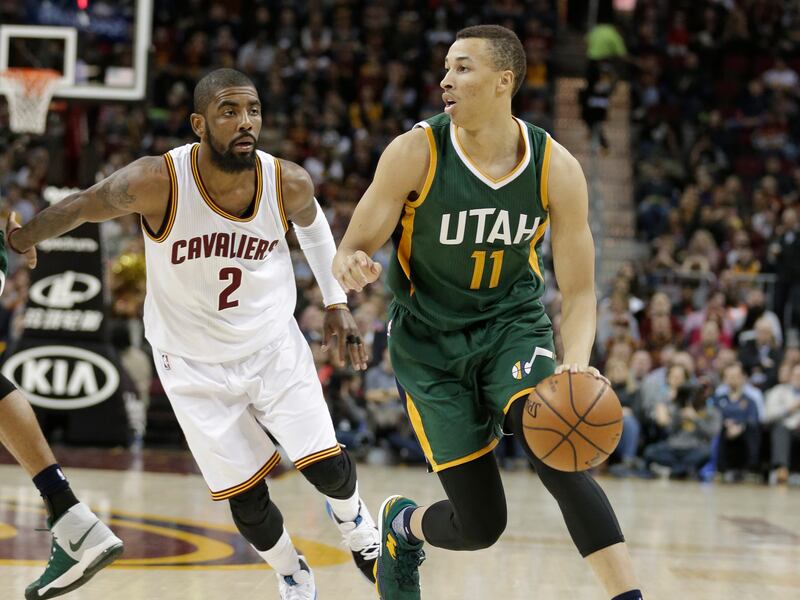 Utah Jazz’s Dante Exum (11) drives past Cleveland Cavaliers’ Kyrie Irving (2) in an NBA basketball game in 2017.