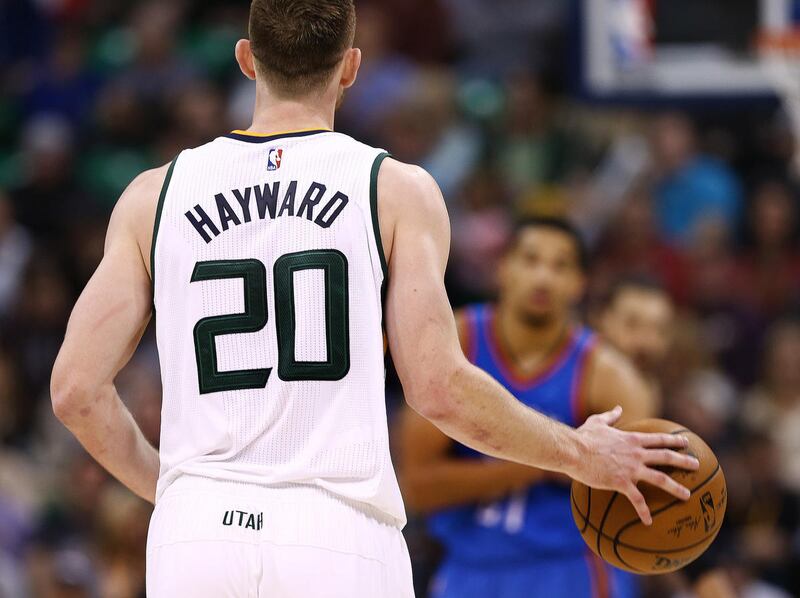 Utah Jazz forward Gordon Hayward (20) brings the ball up court as the Jazz and the Thunder play at Vivint Smart Home arena in Salt Lake City on Wednesday, Dec. 14, 2016.