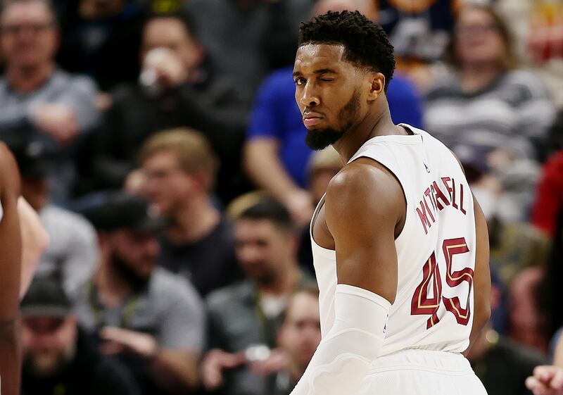 Cleveland guard Donovan Mitchell winks at a teammate as the Utah Jazz host the Cavaliers at Vivint Arena in Salt Lake City.