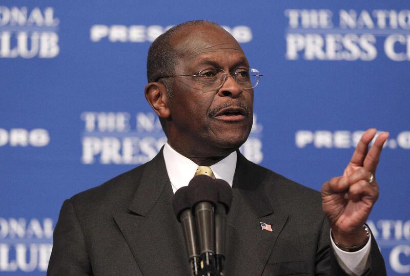 Republican presidential candidate, Herman Cain answers questions at the National Press Club in Washington, Monday, Oct., 31, 2011. Denying he sexually harassed anyone, Cain said Monday he was falsely accused in the 1990s while he was head of the National