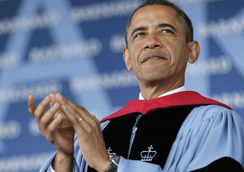 President Barack Obama is seen on stage before delivering the commence address at Barnard College, Monday, May 14, 2012, in New York.
