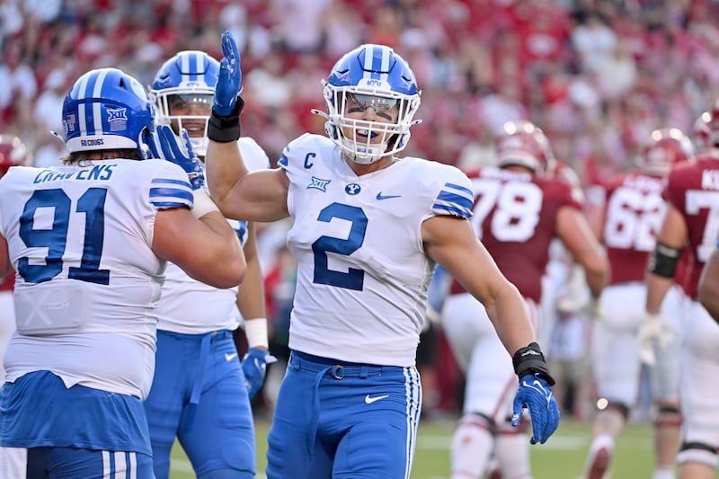 BYU linebacker Ben Bywater (2) gets ready for a play against Arkansas during game Saturday, Sept. 16, 2023, in Fayetteville, Ark.