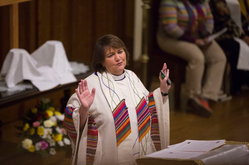 Bishop Karen Oliveto serves as guest preacher at First United Methodist Church in Salt Lake City on Sunday, Jan. 13, 2019. In February, leaders of the United Methodist Church will meet to decide how to approach ordination and marriage for LGBT members. Th