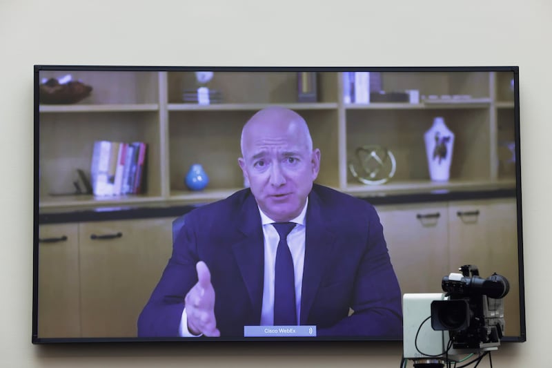 Amazon CEO Jeff Bezos speaks via video conference during a House Judiciary subcommittee hearing on antitrust on Capitol Hill on Wednesday, July 29, 2020, in Washington.