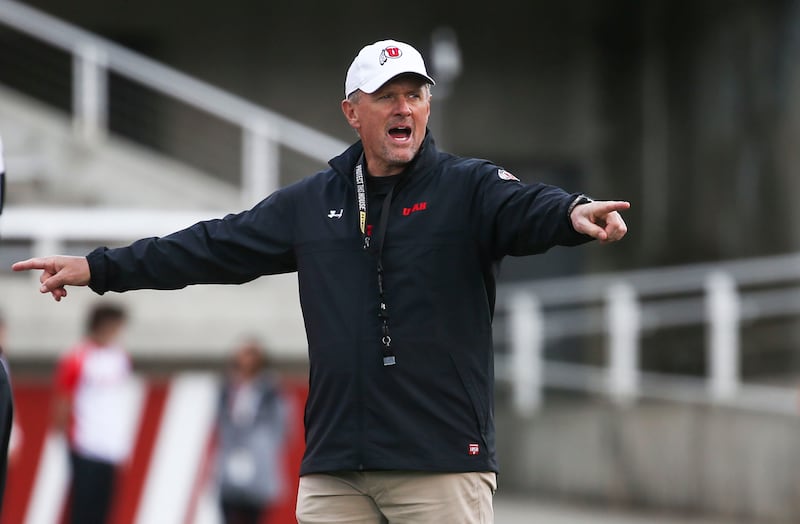 Utah head coach Kyle Whittingham gives instructions during the 2019Red-White game at Rice-Eccles Stadium in Salt Lake City.