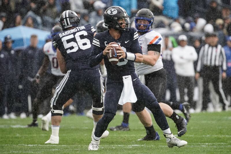 Brigham Young quarterback Jaren Hall looks to throw the ball against Boise State.