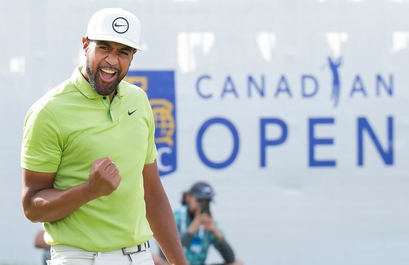Salt Lake City native Tony Finau reacts after making a birdie putt on the 18th hole during final round of the Canadian Open.
