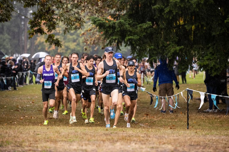 Members of BYU’s men’s cross-country team race in the West Coast Conference Championships in Portland, Oregon, Oct. 28.