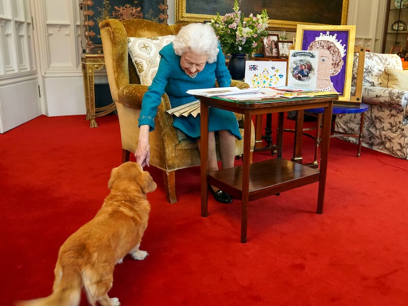 Britain’s Queen Elizabeth II is joined by one of her dogs at Windsor Castle in Windsor, England.